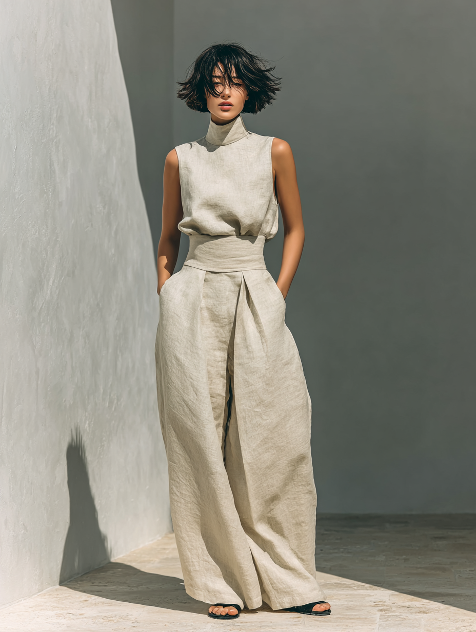 Georgia™ - Minimalist Cotton And Linen Blend Sleeveless Blouse And Wide-leg Pants Set
