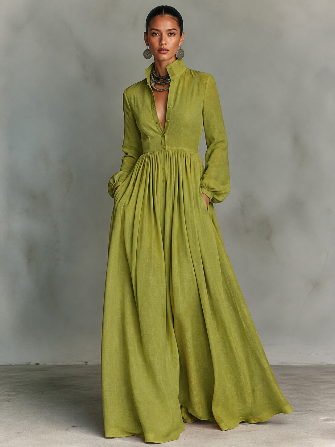 Jasmine™ - Minimalist Cotton And Linen Patchwork Single-breasted Stand-up Collar Long-sleeved Maxi Dress