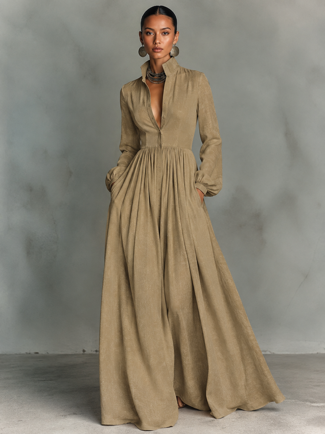 Jasmine™ - Minimalist Cotton And Linen Patchwork Single-breasted Stand-up Collar Long-sleeved Maxi Dress