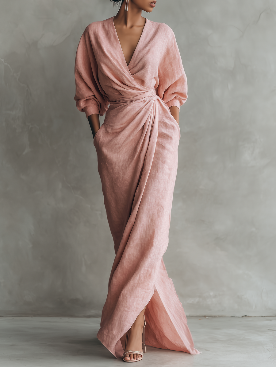 Abigail™ - Pink Minimalist V-neck Linen Blend Maxi Dress