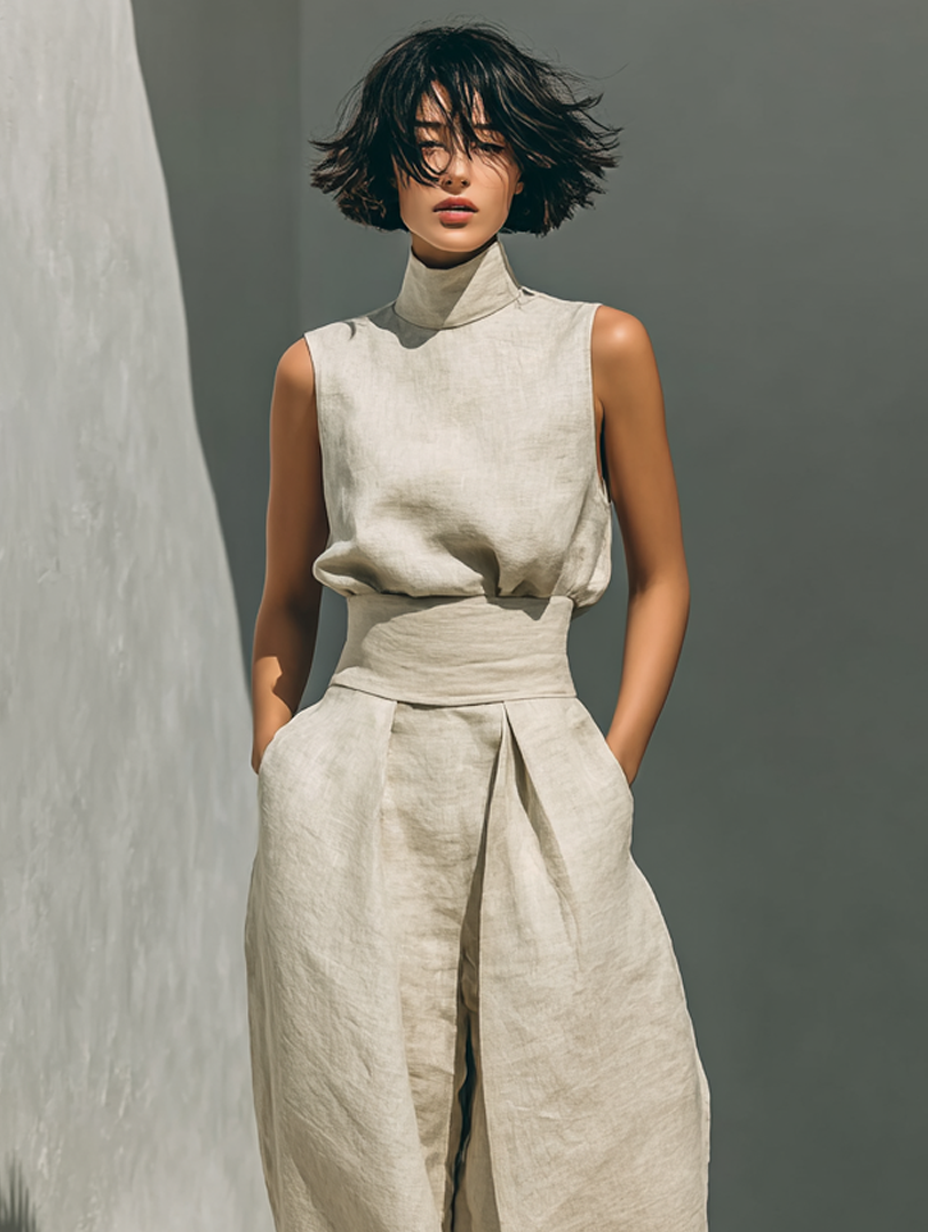 Georgia™ - Minimalist Cotton And Linen Blend Sleeveless Blouse And Wide-leg Pants Set
