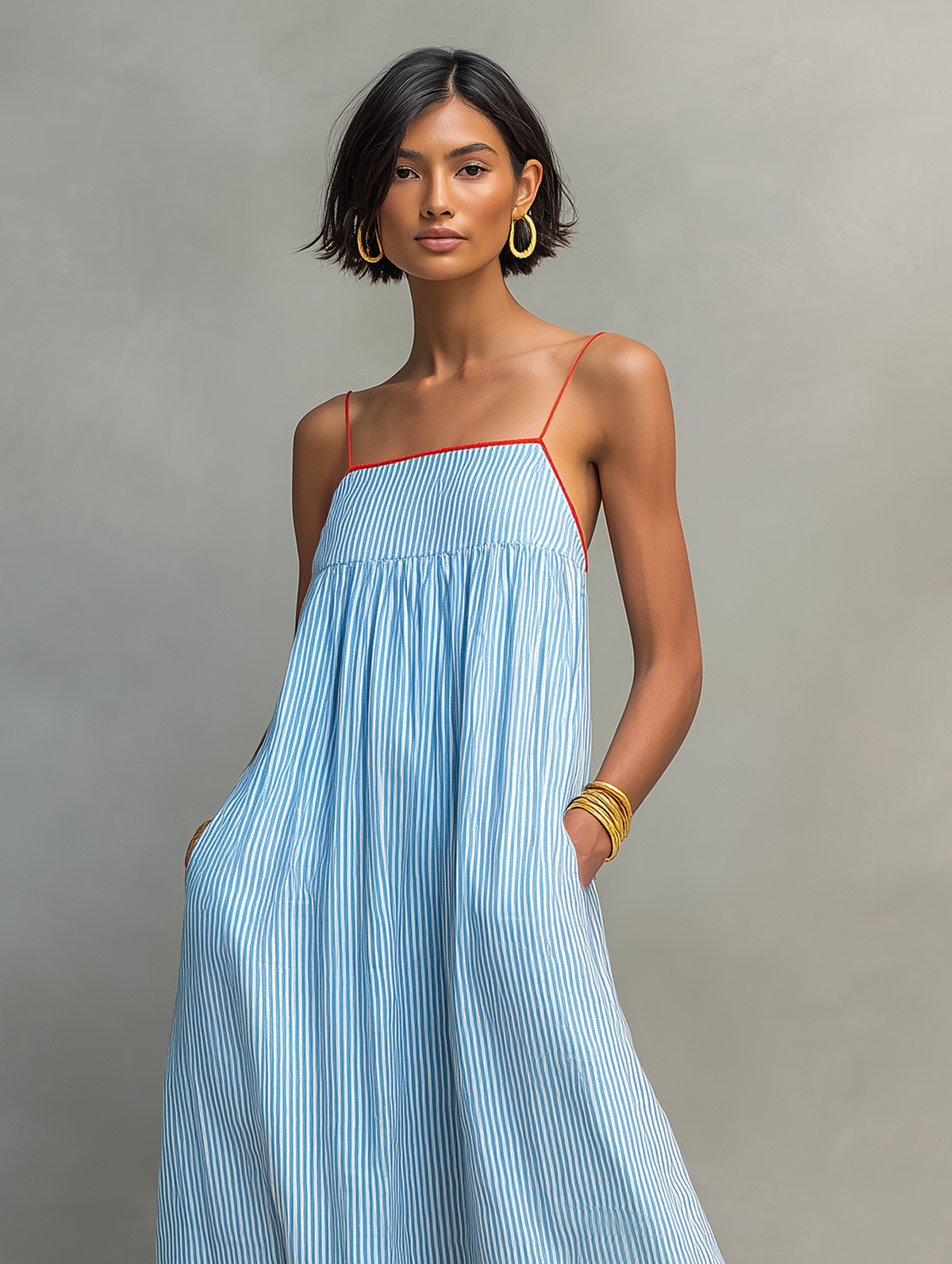 Heidi™ - Minimalist Striped Maxi Dress With Red Trim And Spaghetti Straps