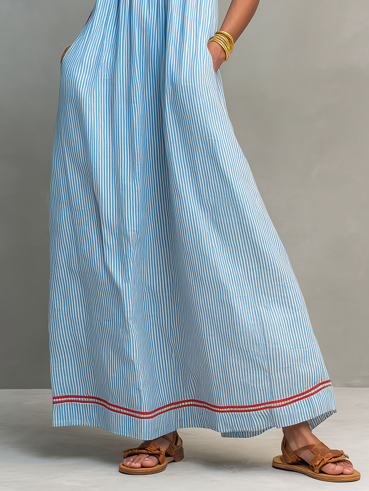 Heidi™ - Minimalist Striped Maxi Dress With Red Trim And Spaghetti Straps
