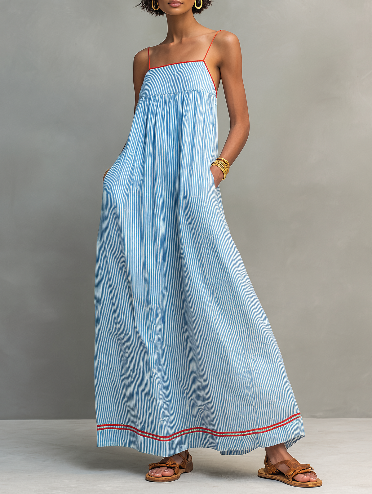 Heidi™ - Minimalist Striped Maxi Dress With Red Trim And Spaghetti Straps