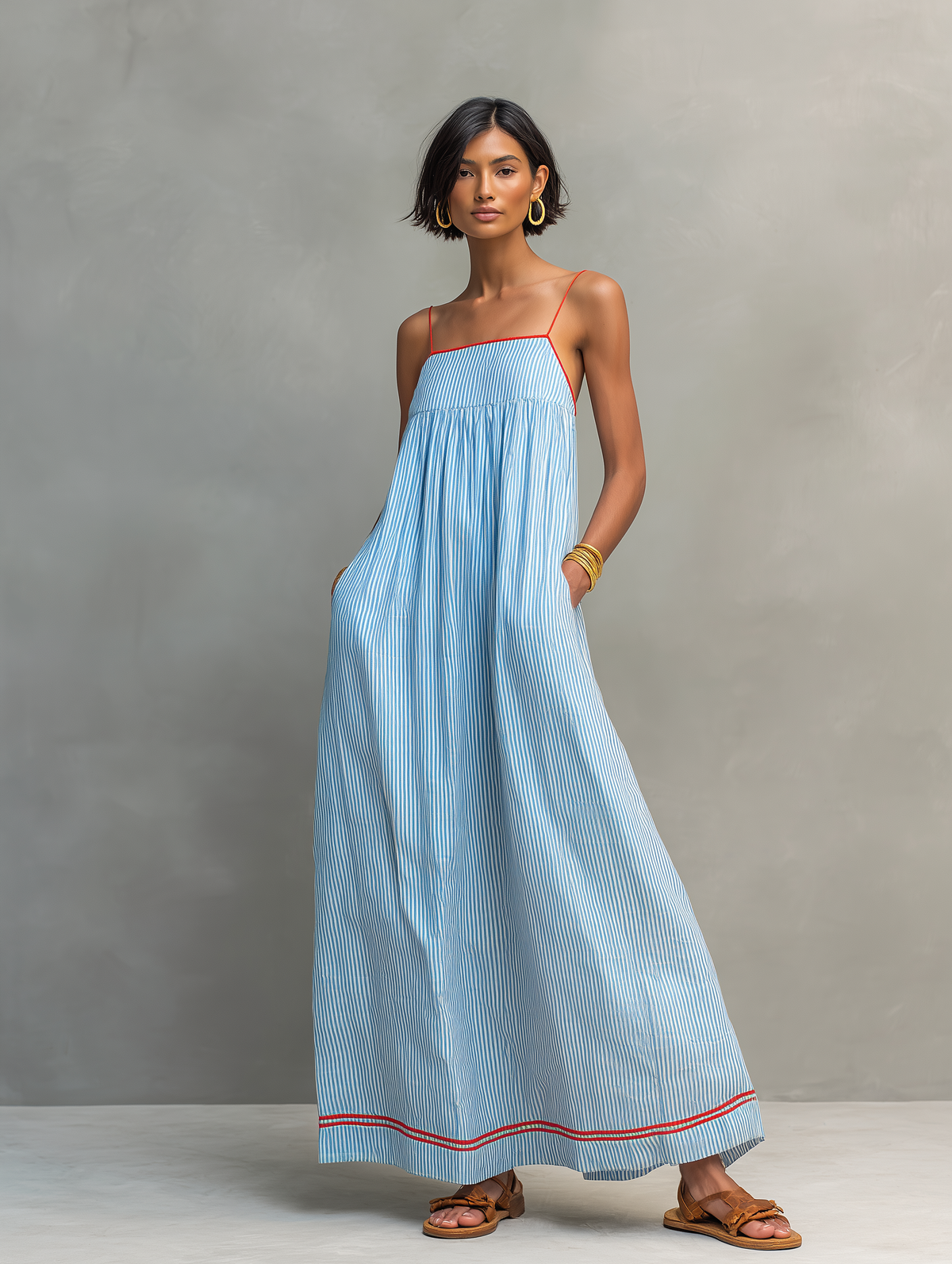 Heidi™ - Minimalist Striped Maxi Dress With Red Trim And Spaghetti Straps