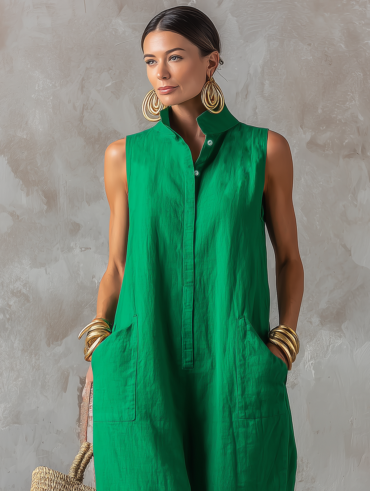 Lola™ - Minimalist Loose-Fit Linen-Blend Jumpsuit — Stand Collar, Sleeveless, Single-Breasted