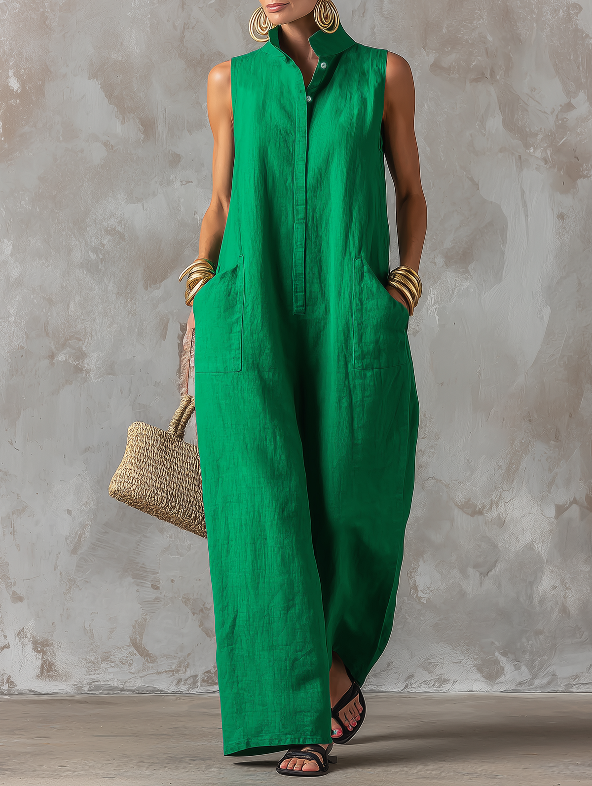 Lola™ - Minimalist Loose-Fit Linen-Blend Jumpsuit — Stand Collar, Sleeveless, Single-Breasted