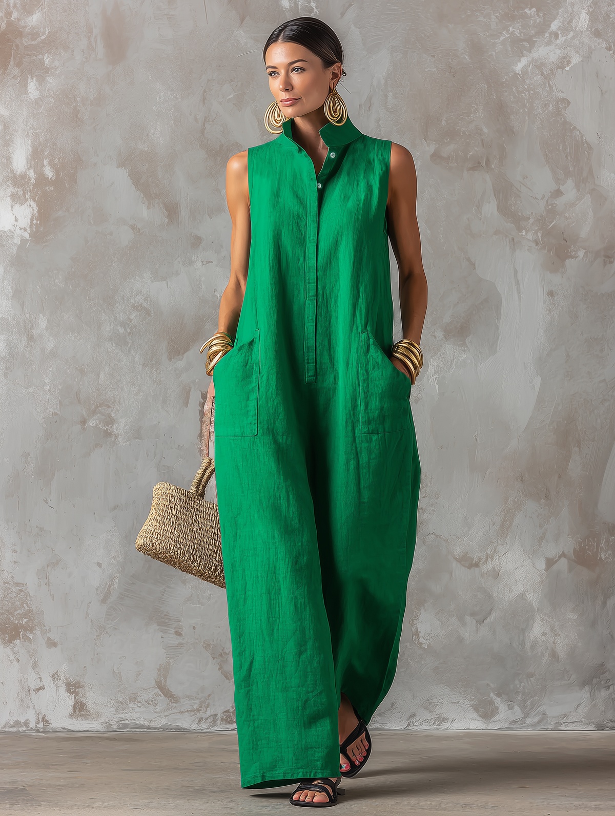 Lola™ - Minimalist Loose-Fit Linen-Blend Jumpsuit — Stand Collar, Sleeveless, Single-Breasted