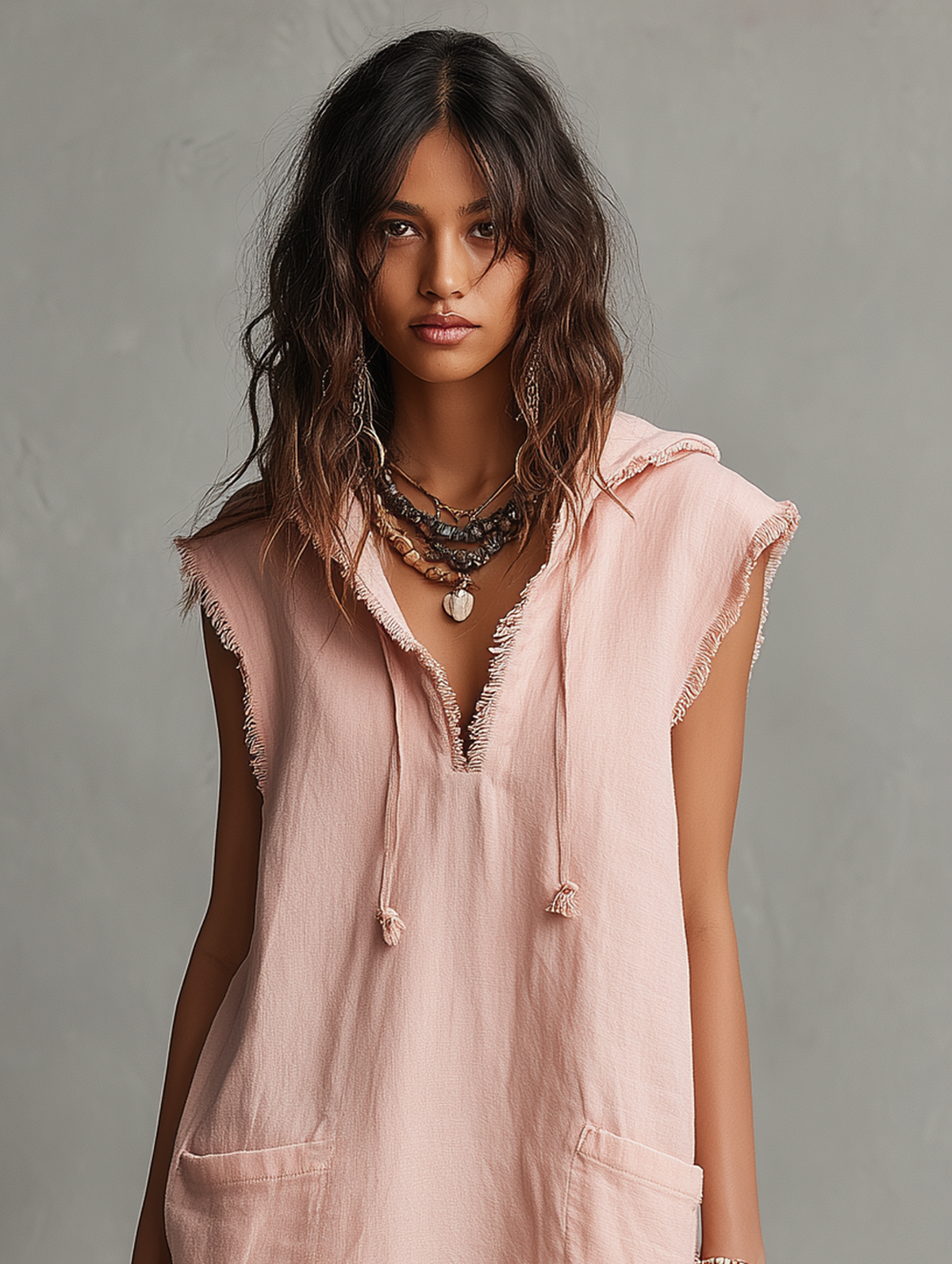 Kasey™ - Minimalist Linen-Blend Mini Dress — Hooded, Sleeveless, Raw Hem