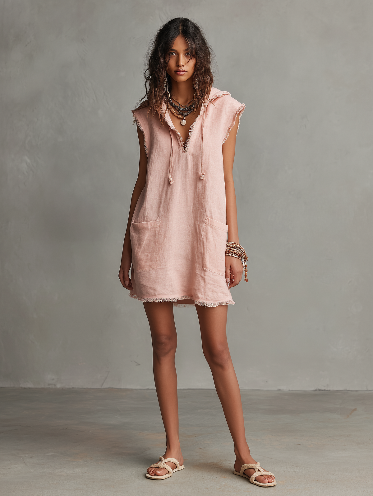 Kasey™ - Minimalist Linen-Blend Mini Dress — Hooded, Sleeveless, Raw Hem
