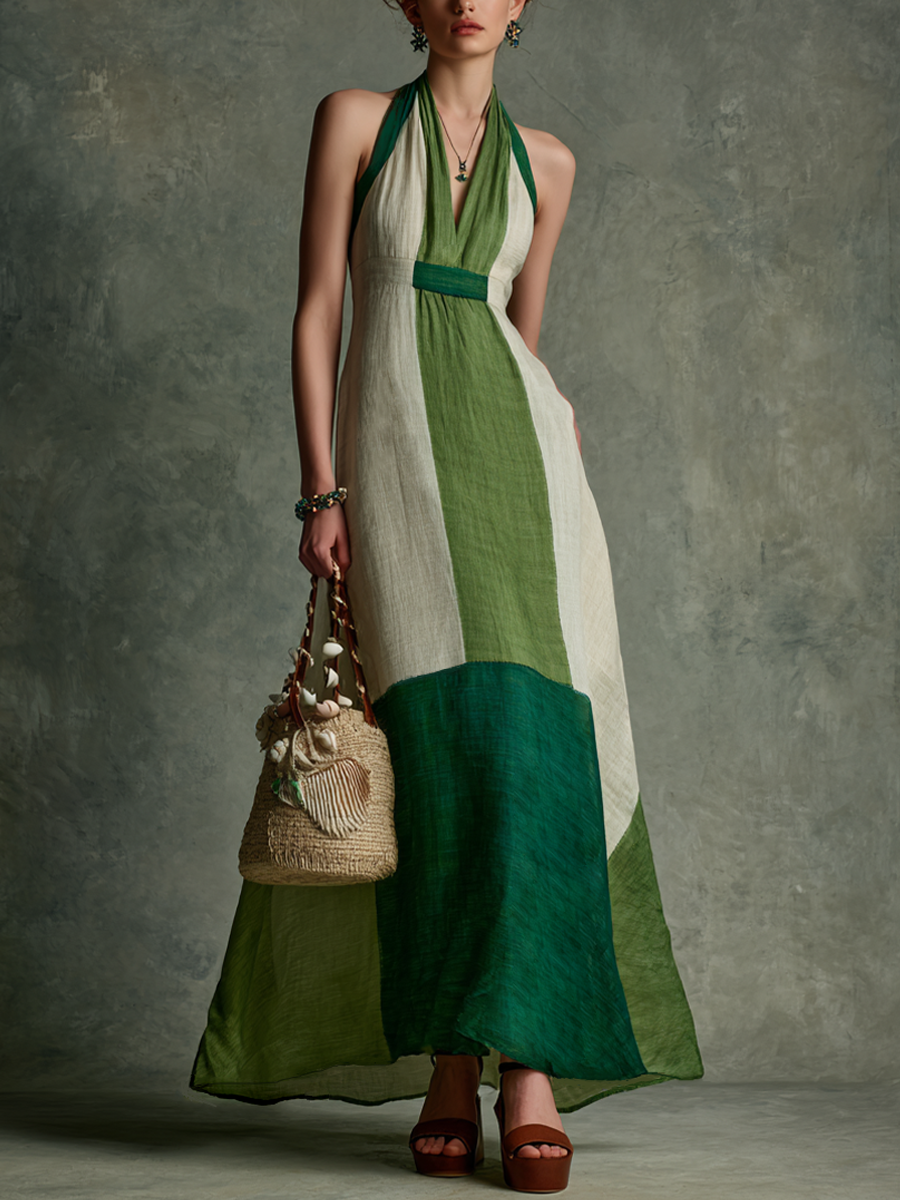 Amelia™ - Vacation Style Green And White Color-Block Linen-Cotton Halter V-Neck Waist-Tailored Maxi Dress