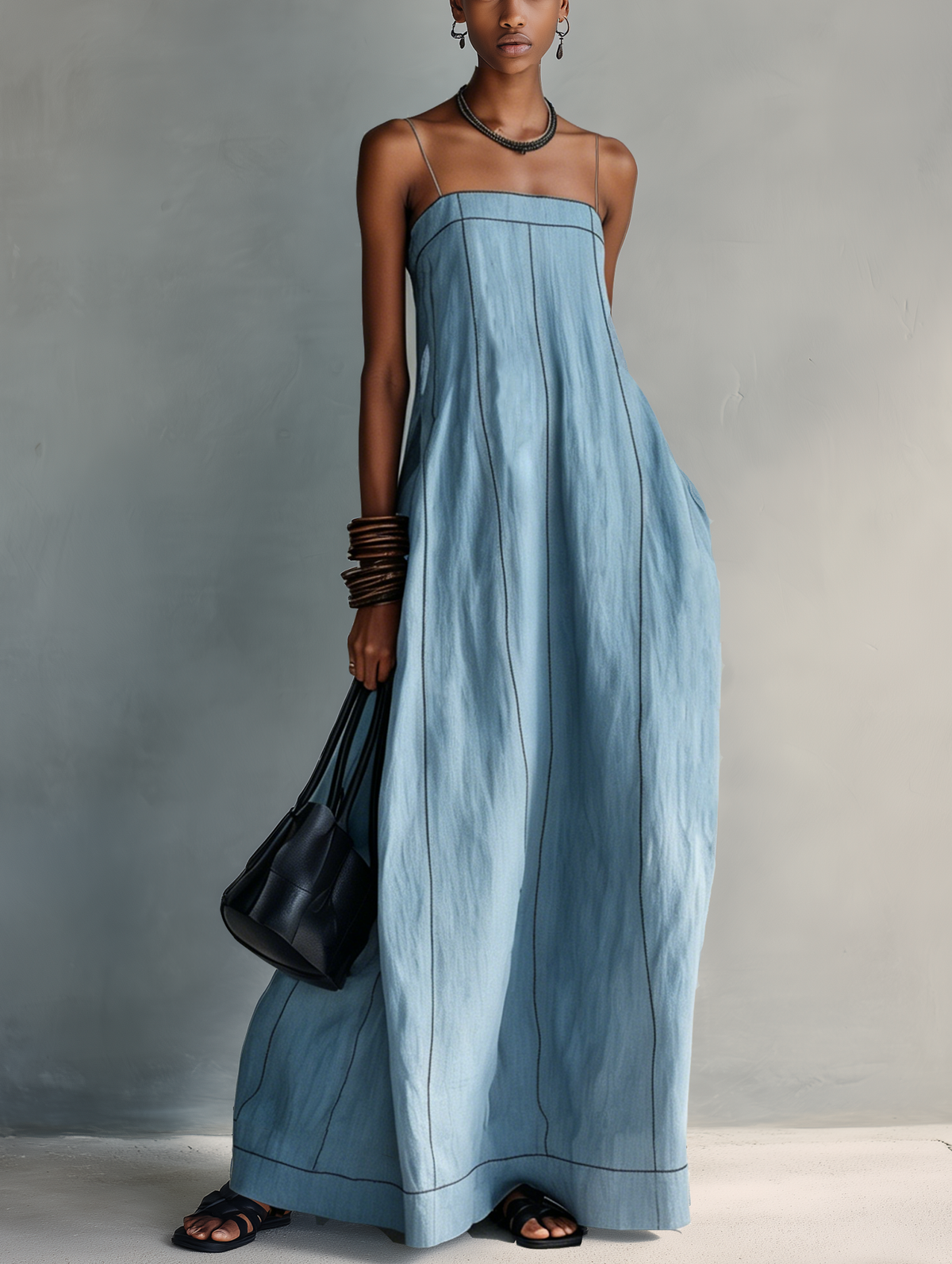 Megan™ - Casual Blue Cotton-linen Sleeveless Camisole Maxi Dress