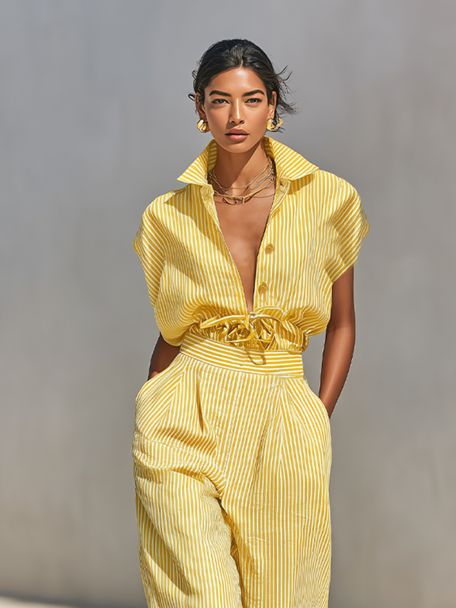 Hayley™ - Lemon Vertical Stripe Textured Co-Ord With Front Button Blouse & Side Pocket Tapered Trousers, Effortless-Chic Beach Casual Outfit