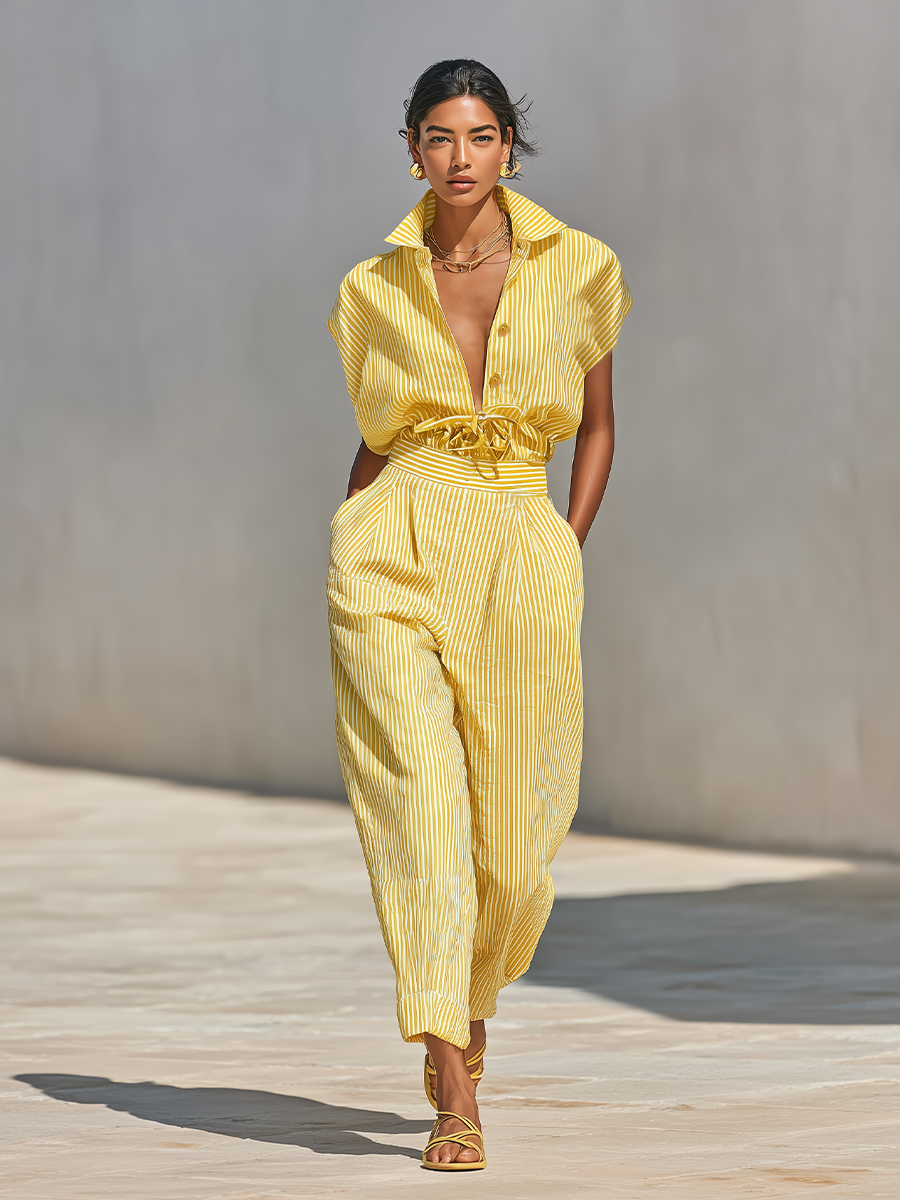 Hayley™ - Lemon Vertical Stripe Textured Co-Ord With Front Button Blouse & Side Pocket Tapered Trousers, Effortless-Chic Beach Casual Outfit