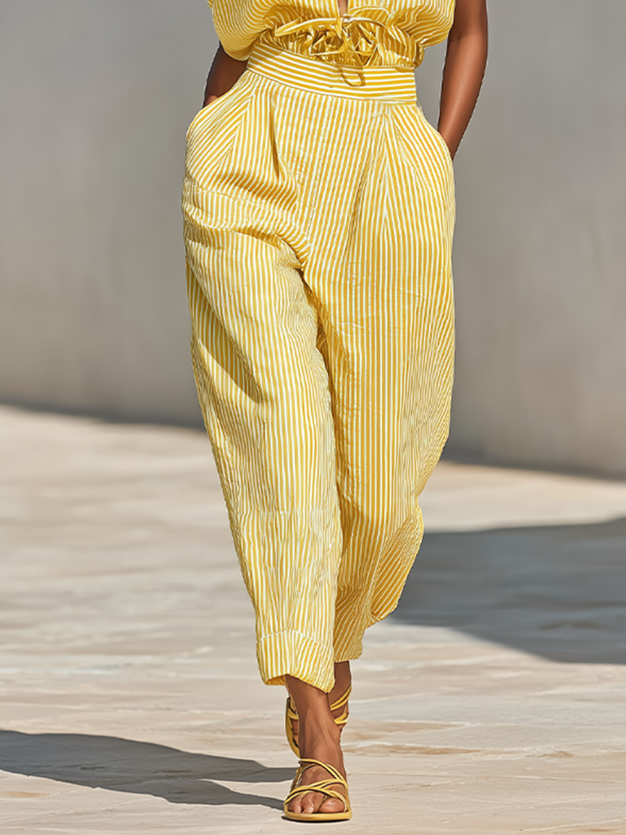 Hayley™ - Lemon Vertical Stripe Textured Co-Ord With Front Button Blouse & Side Pocket Tapered Trousers, Effortless-Chic Beach Casual Outfit