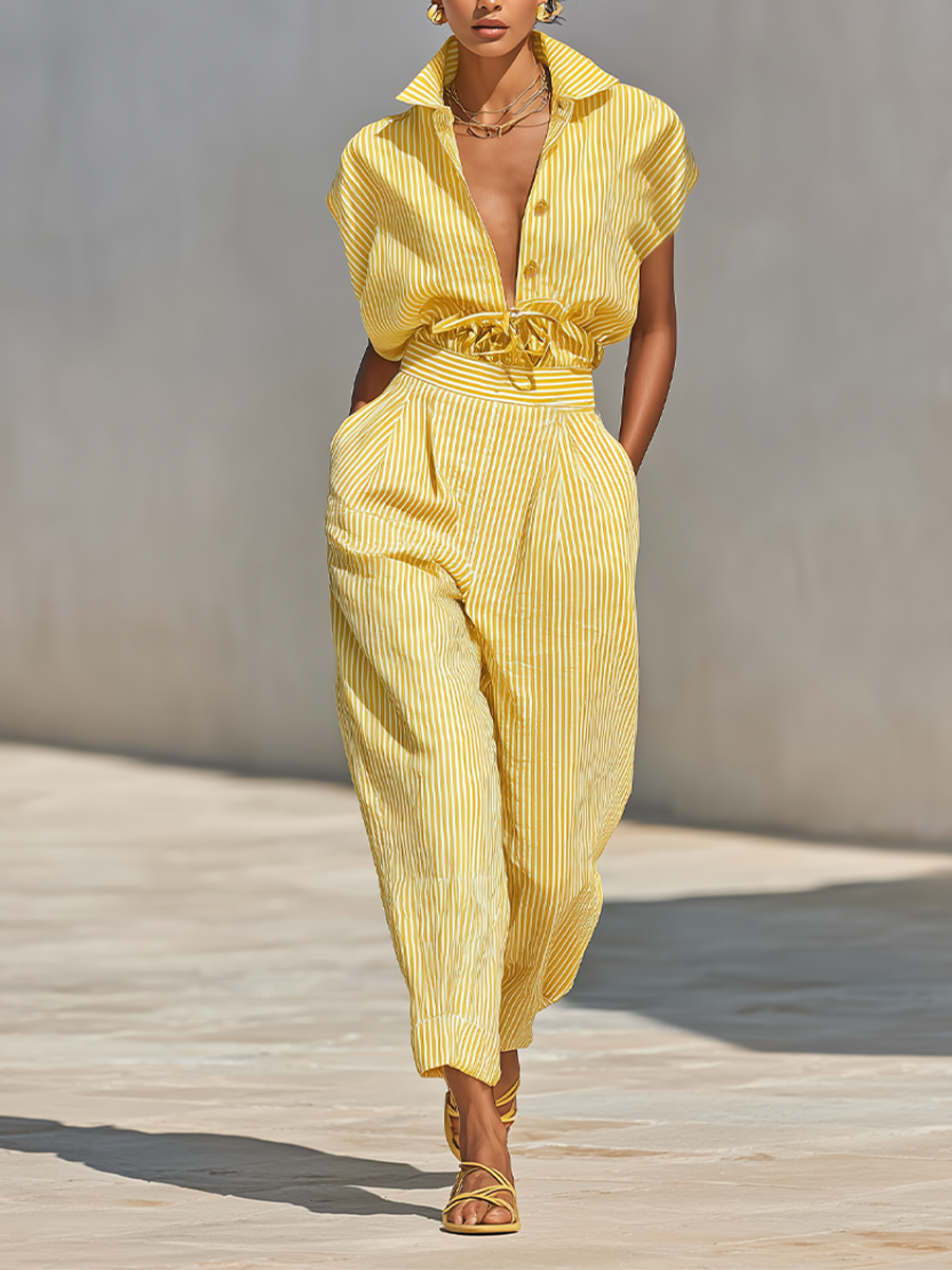 Hayley™ - Lemon Vertical Stripe Textured Co-Ord With Front Button Blouse & Side Pocket Tapered Trousers, Effortless-Chic Beach Casual Outfit