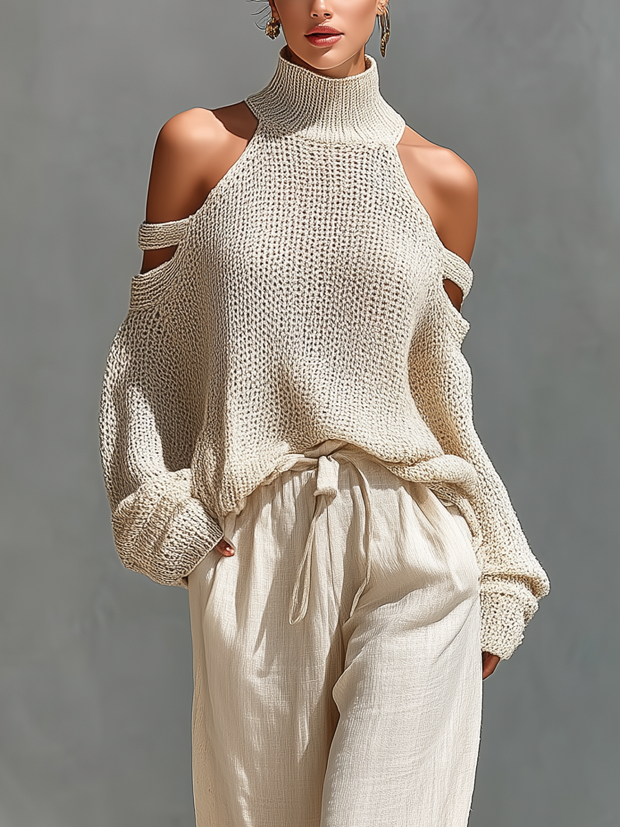 Lorna™ - Beige Knit Fabric Cold-Shoulder Turtleneck Top & Wide-Leg Pants Set