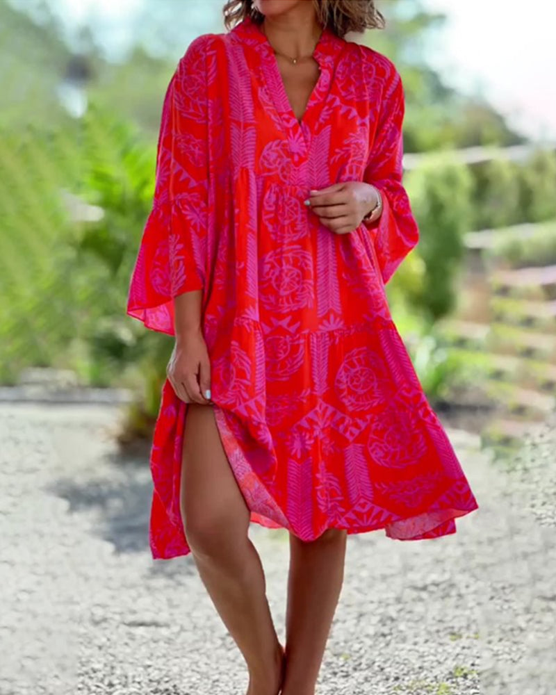Shelby™ - V-Neck 3/4 Sleeves Ruffle Dress