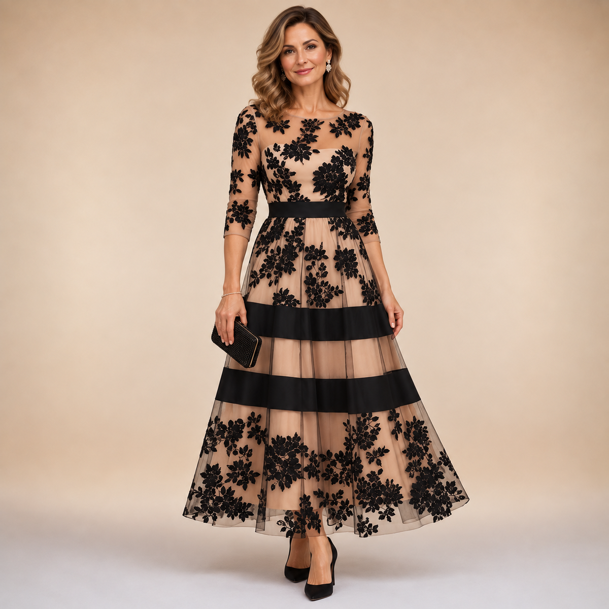 Lisa™ Floral Lace Midi Evening Dress