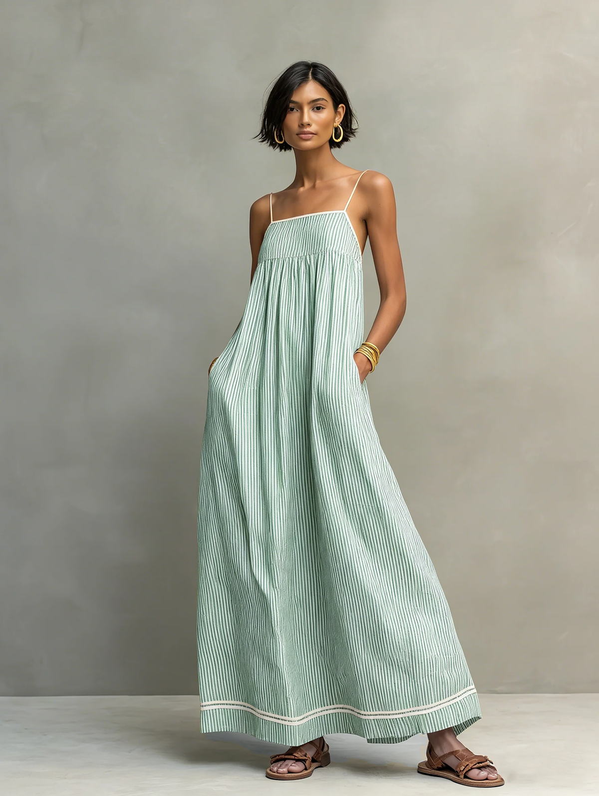 Heidi™ - Minimalist Striped Maxi Dress With Red Trim And Spaghetti Straps