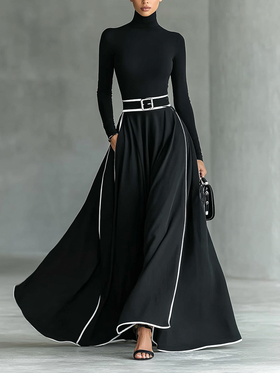 Jade™ - Black Stitching White Trim High Collar Long Sleeve Tight Belt Maxi Dress