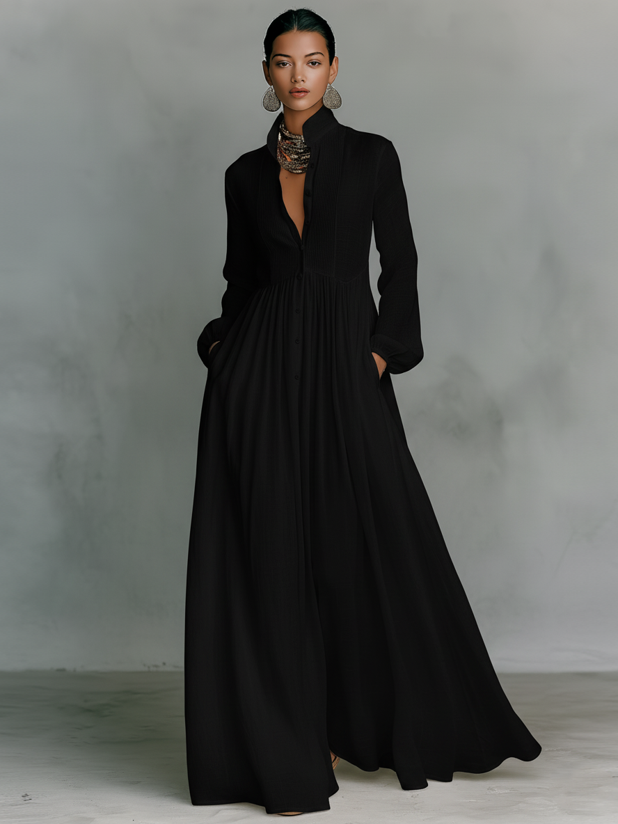 Jasmine™ - Minimalist Cotton And Linen Patchwork Single-breasted Stand-up Collar Long-sleeved Maxi Dress