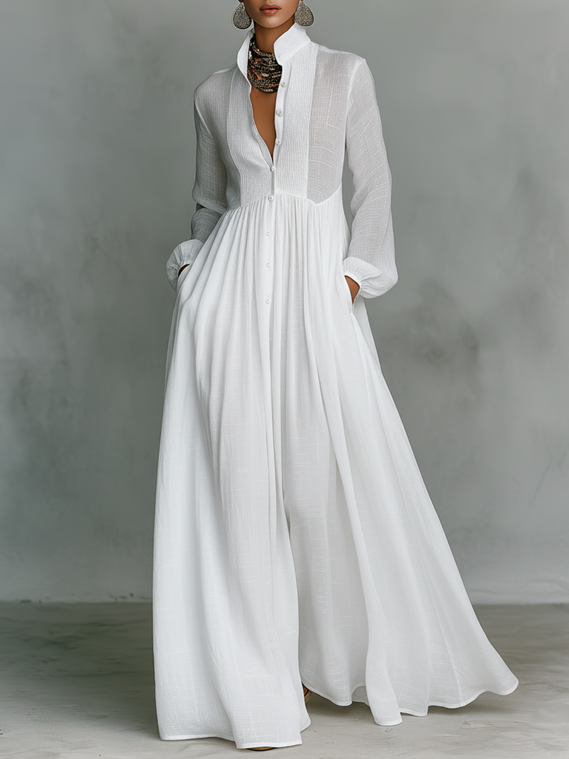 Jasmine™ - Minimalist Cotton And Linen Patchwork Single-breasted Stand-up Collar Long-sleeved Maxi Dress