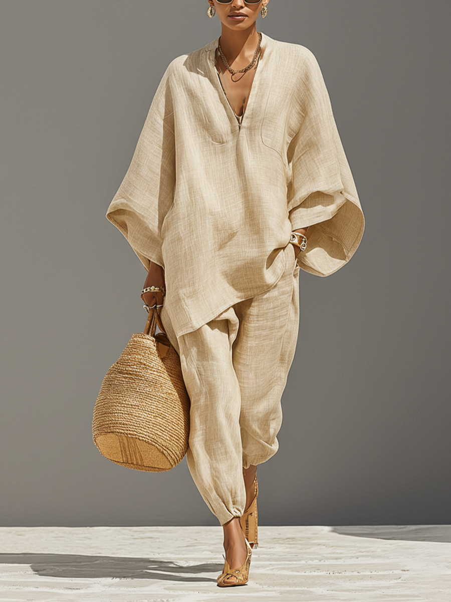 Kirra™ - Neutral Linen Set With Asymmetric Hem & Minimalist Design, Sophisticated Daily-Casual Style Set