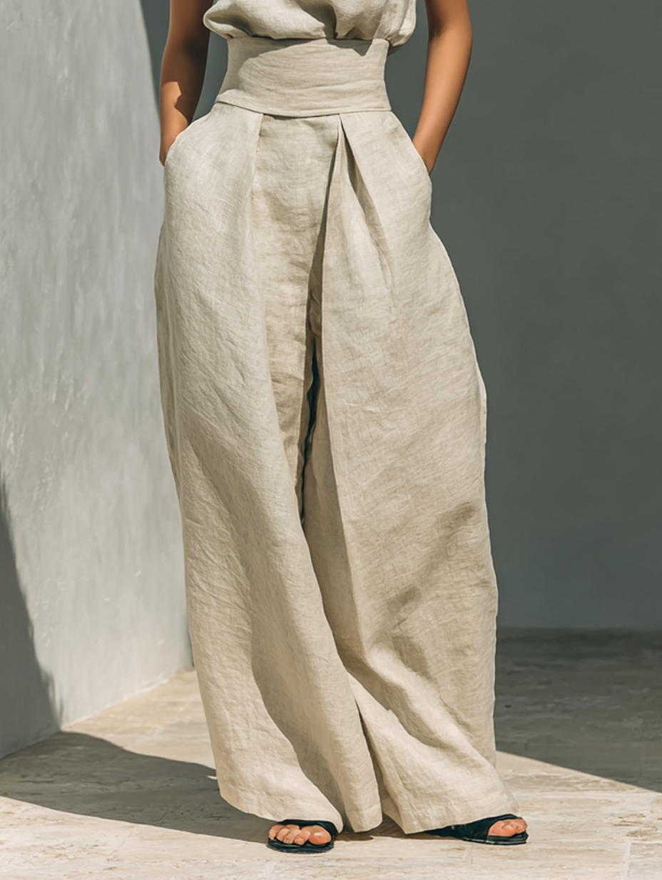 Georgia™ - Minimalist Cotton And Linen Blend Sleeveless Blouse And Wide-leg Pants Set