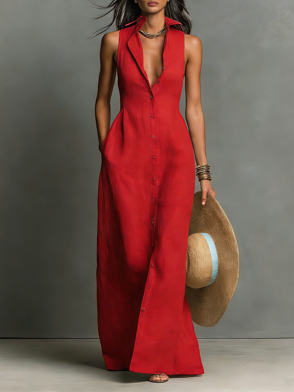 Rosalind™ - Minimalist Linen-Blend Collared Single-Breasted Sleeveless Maxi Shirt Dress