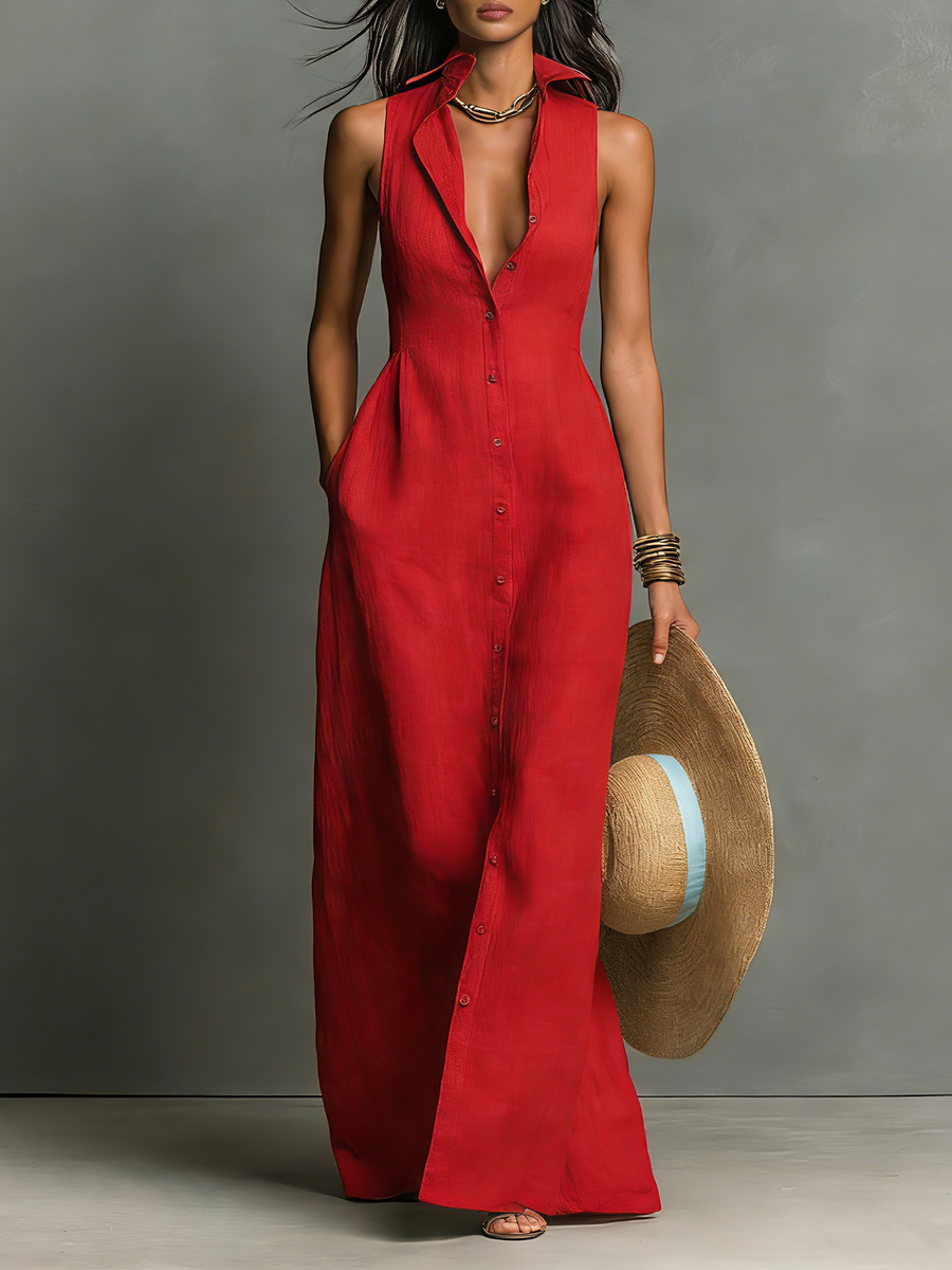 Rosalind™ - Minimalist Linen-Blend Collared Single-Breasted Sleeveless Maxi Shirt Dress