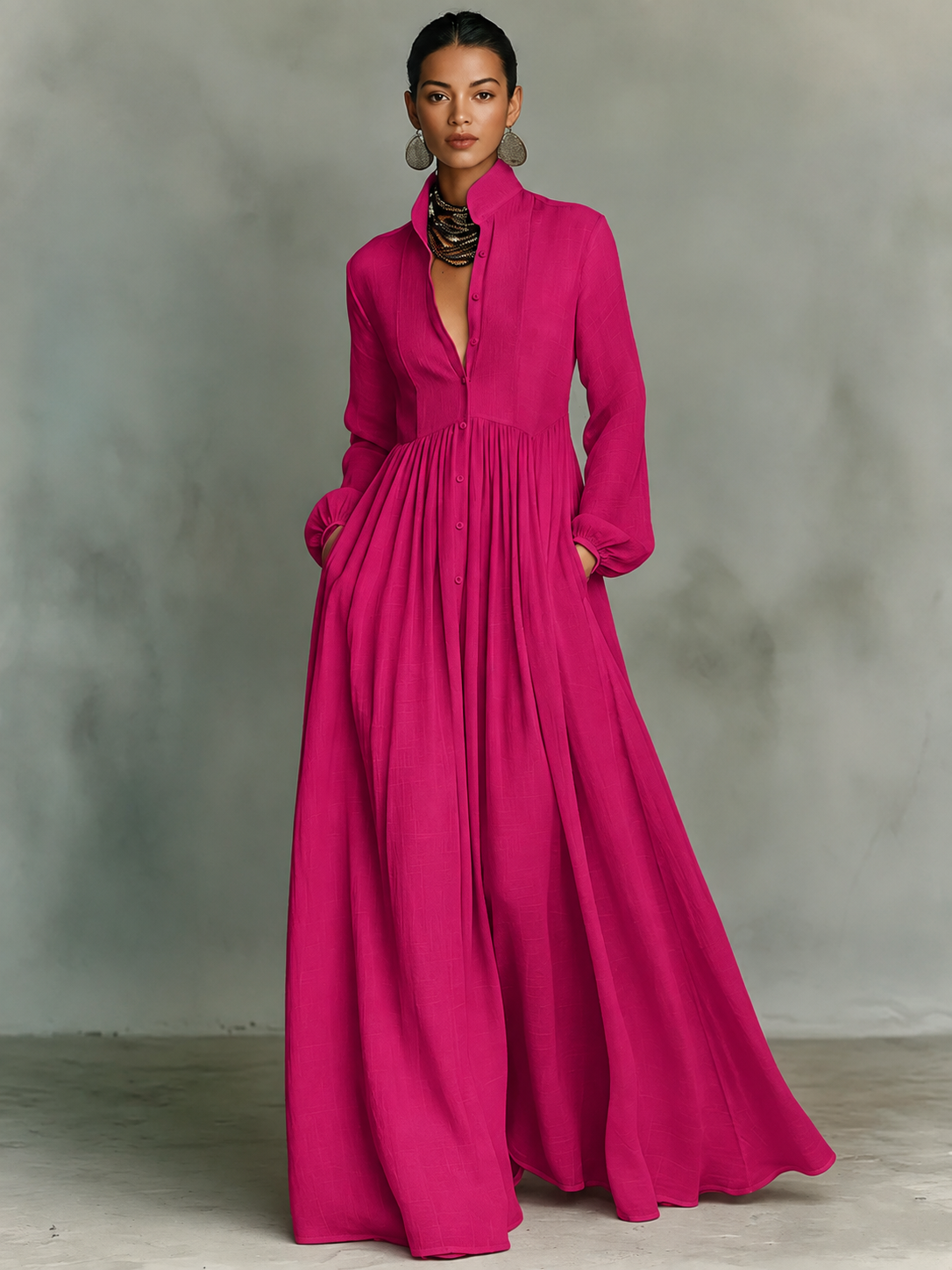 Jasmine™ - Minimalist Cotton And Linen Patchwork Single-breasted Stand-up Collar Long-sleeved Maxi Dress