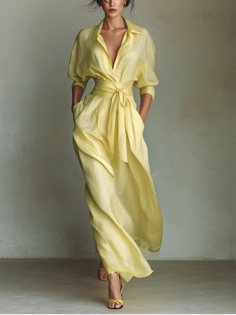 Millicent™ - Lemon Yellow Cotton And Linen Blend Maxi Shirt Dress With Tie Waist & Half Sleeves