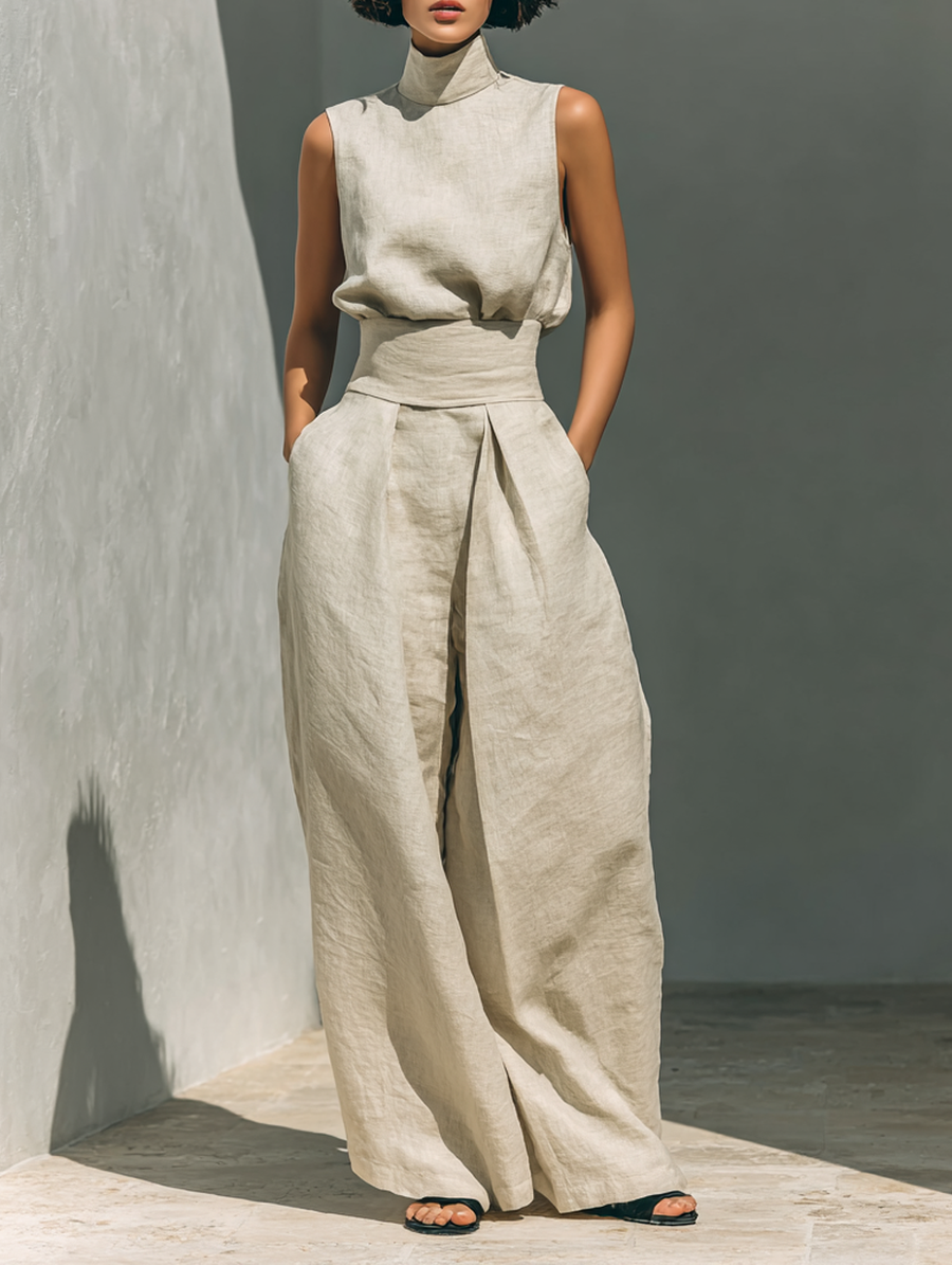 Georgia™ - Minimalist Cotton And Linen Blend Sleeveless Blouse And Wide-leg Pants Set