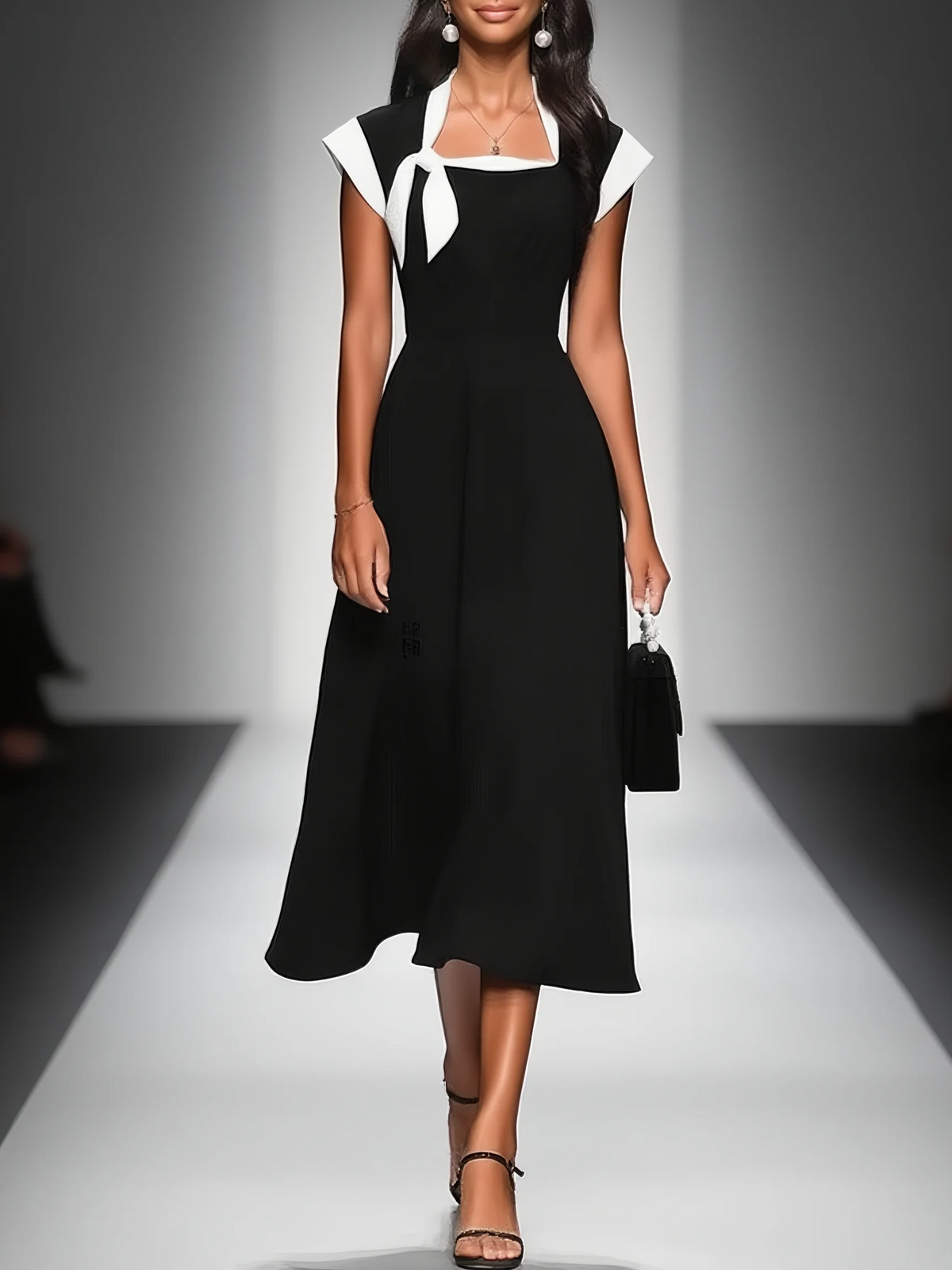 Ivy™ - Colourblock Square Neck Cap Shoulder Sleeve Waist Midi Dress