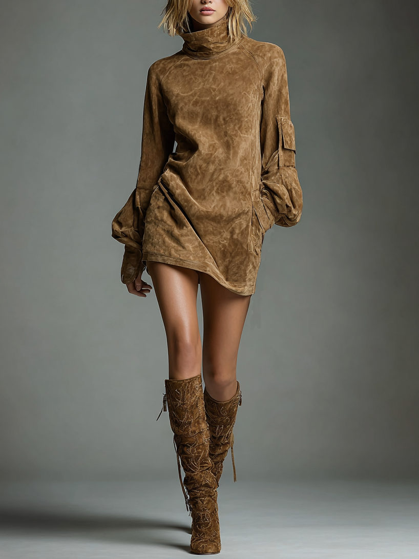 Indi™ - Vintage Loose Suede Turtleneck Mini Dress