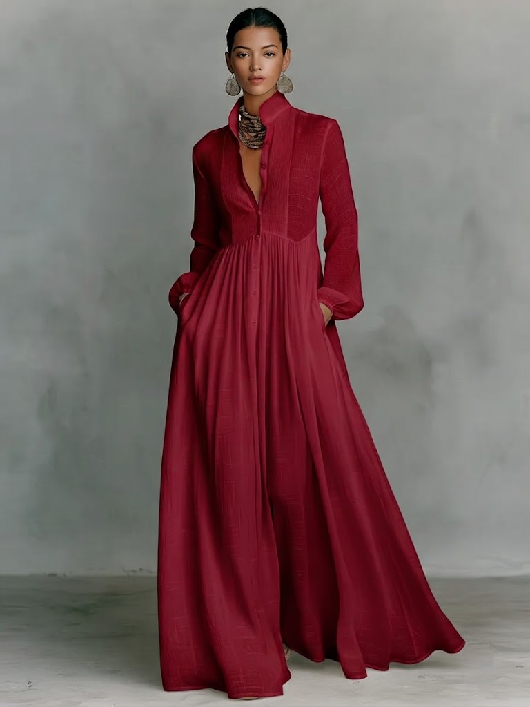 Jasmine™ - Minimalist Cotton And Linen Patchwork Single-breasted Stand-up Collar Long-sleeved Maxi Dress