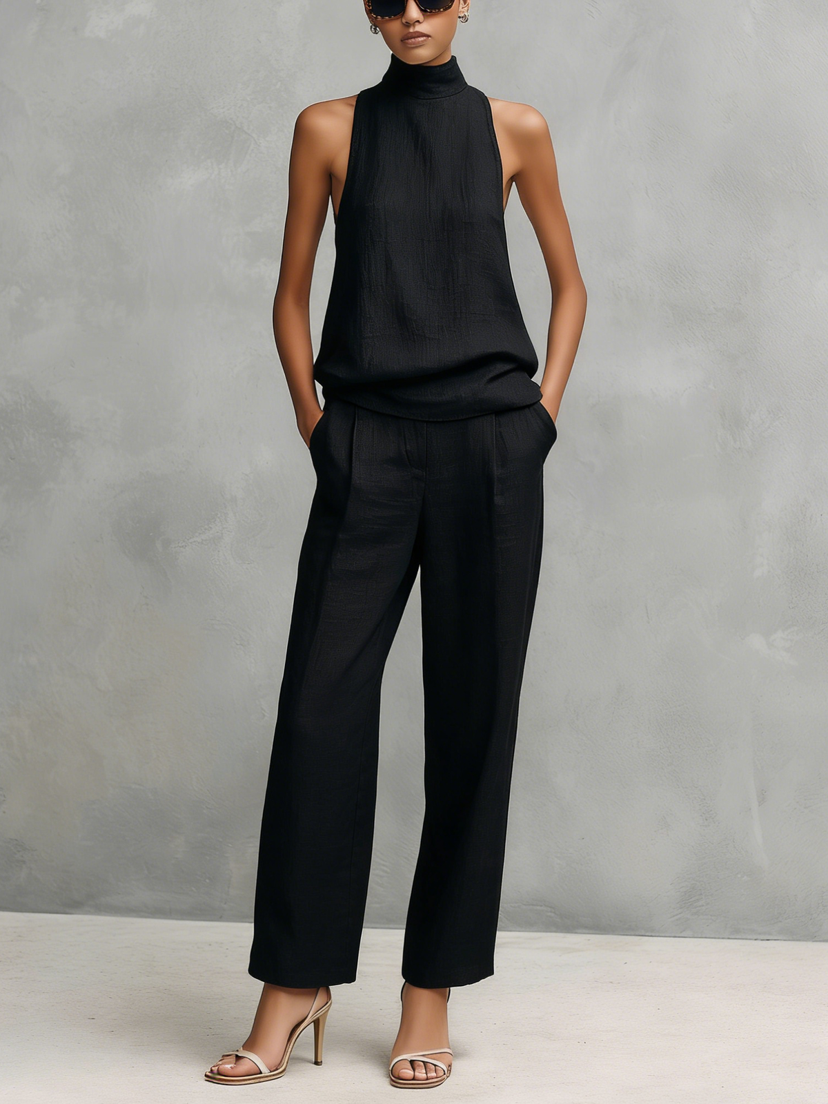 Kiah™ - Elegant Black Cotton And Linen Round-neck Sleeveless Top And Trousers Set