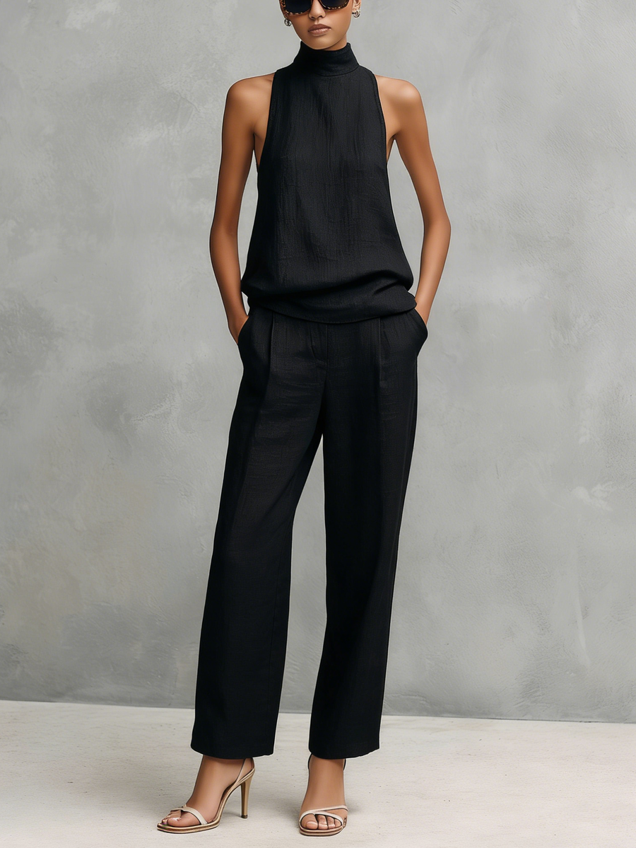 Kiah™ - Elegant Black Cotton And Linen Round-neck Sleeveless Top And Trousers Set