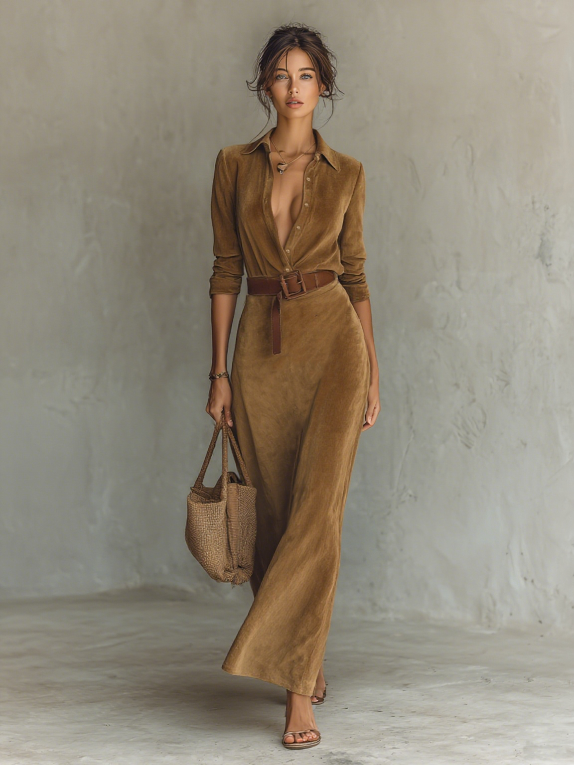 Jaime™ - Suede Single-breasted Lapel Belt Maxi Dress