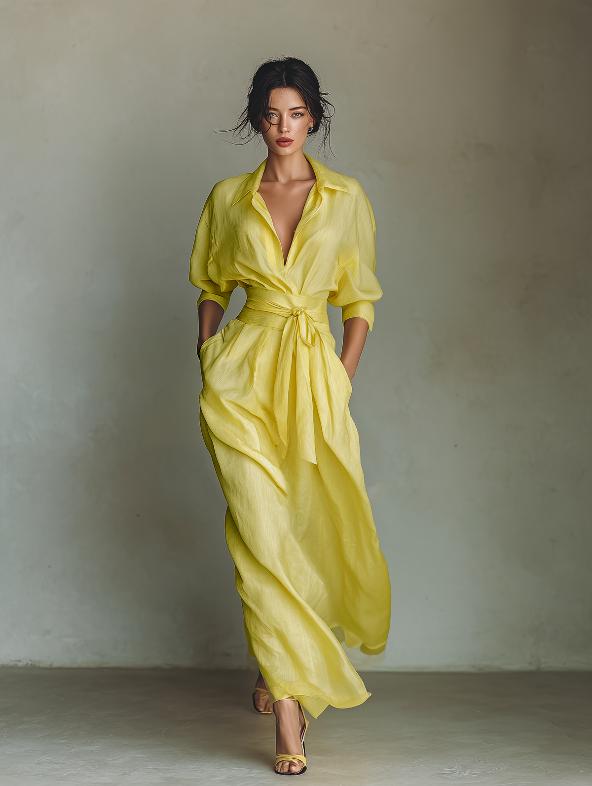 Millicent™ - Lemon Yellow Cotton And Linen Blend Maxi Shirt Dress With Tie Waist & Half Sleeves