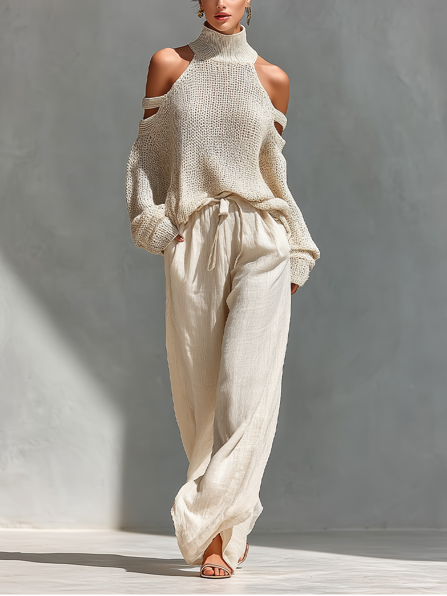 Lorna™ - Beige Knit Fabric Cold-Shoulder Turtleneck Top & Wide-Leg Pants Set