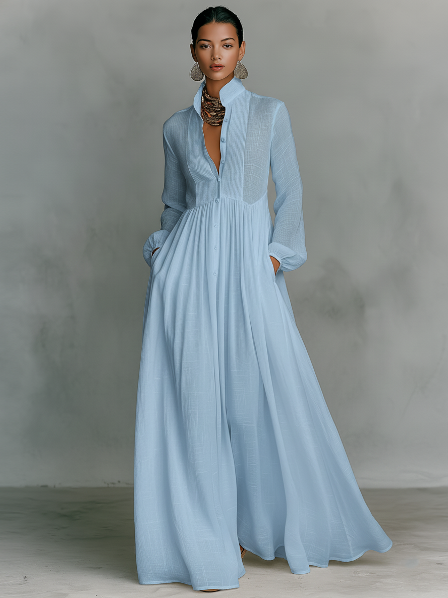 Jasmine™ - Minimalist Cotton And Linen Patchwork Single-breasted Stand-up Collar Long-sleeved Maxi Dress