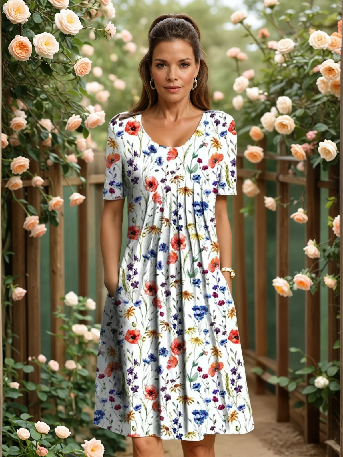 Ingrid™ - Elegant Floral Dress with Tummy Coverage