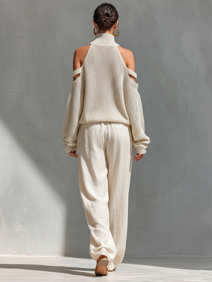 Lorna™ - Beige Knit Fabric Cold-Shoulder Turtleneck Top & Wide-Leg Pants Set