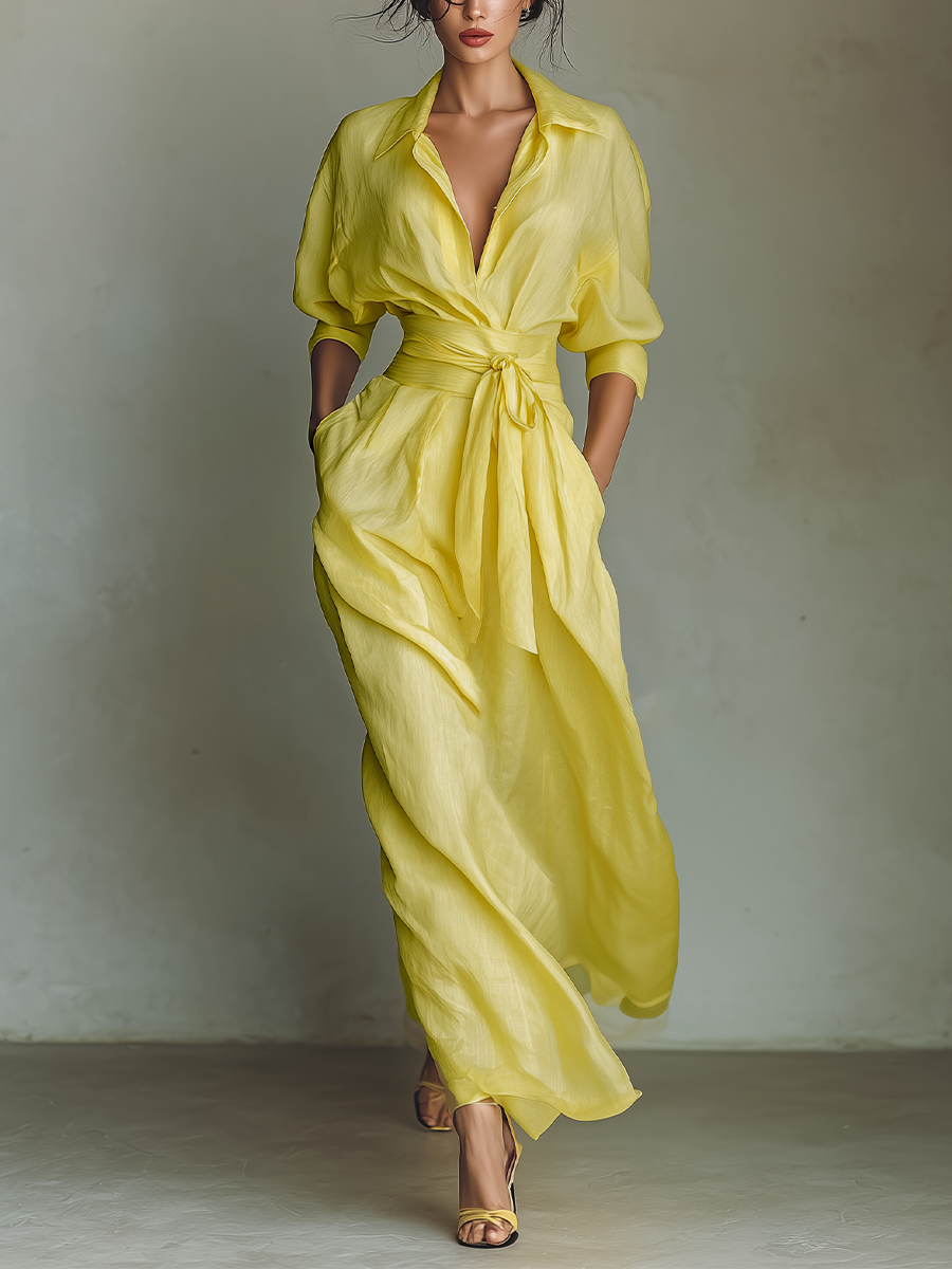 Millicent™ - Lemon Yellow Cotton And Linen Blend Maxi Shirt Dress With Tie Waist & Half Sleeves