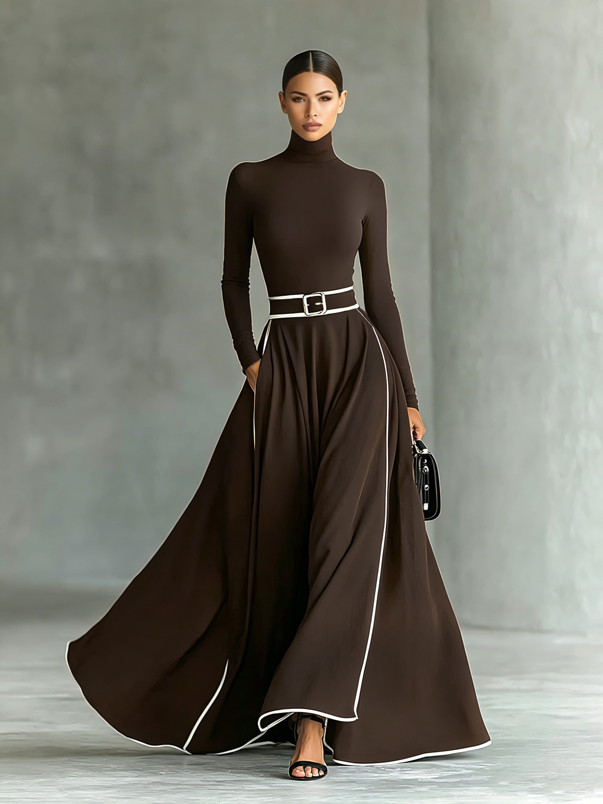 Jade™ - Black Stitching White Trim High Collar Long Sleeve Tight Belt Maxi Dress