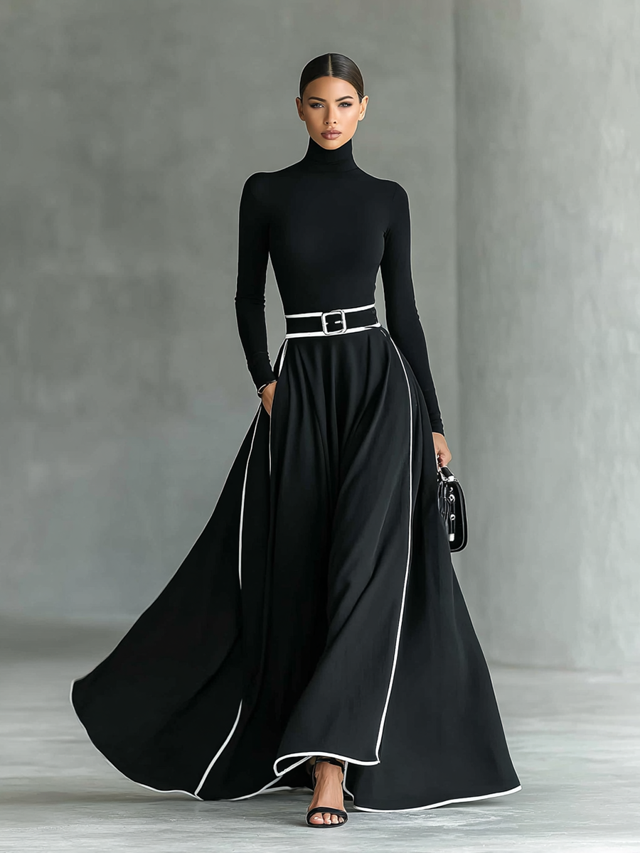 Jade™ - Black Stitching White Trim High Collar Long Sleeve Tight Belt Maxi Dress