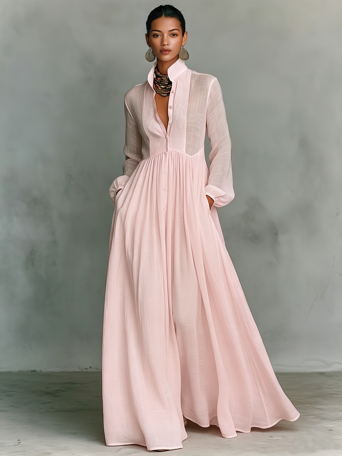 Jasmine™ - Minimalist Cotton And Linen Patchwork Single-breasted Stand-up Collar Long-sleeved Maxi Dress