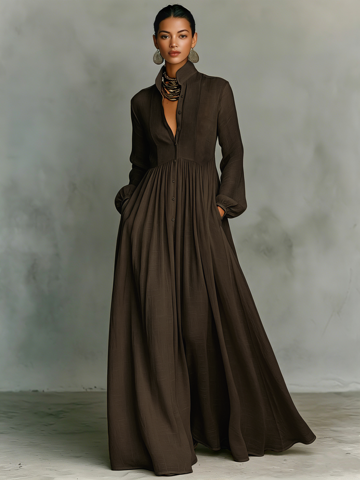 Jasmine™ - Minimalist Cotton And Linen Patchwork Single-breasted Stand-up Collar Long-sleeved Maxi Dress